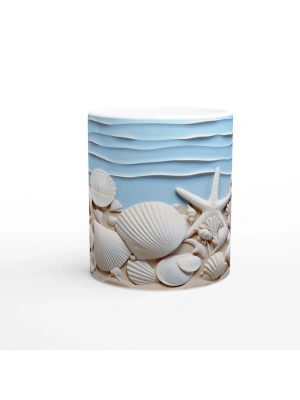 Mavi Dalgalar ve Kumda Kabuklu Su Altı Temalı Kupa Bardak