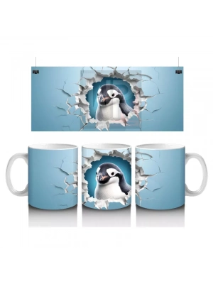 Mavi Duvar Kırığında Penguen – Baskılı Kahve Kupası