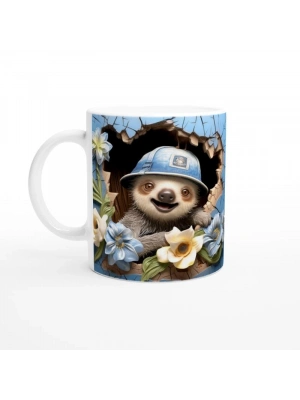 Mavi Duvardan Bakan Şapkalı Tembel Hayvan Temalı Baskılı Kupa Bardak