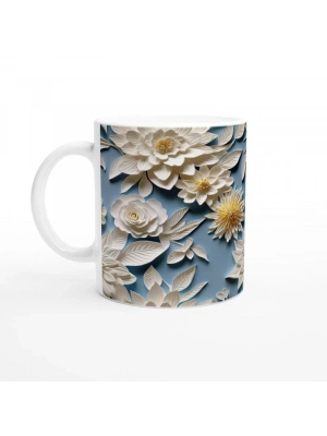 Mavi Fon Üzerine Krem Rölyef Çiçekli Kupa Bardak