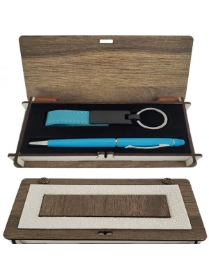 Mavi Kalem Ve Anahtarlık Ahşap Kutulu Set