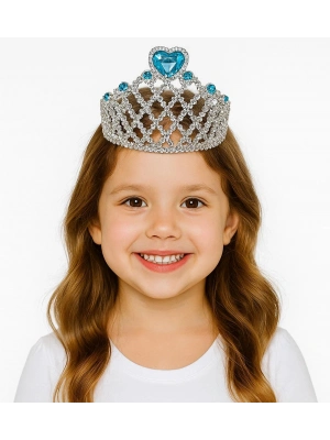 Mavi Kalpli Gümüş Renk Kraliçe Tacı Prenses Tacı