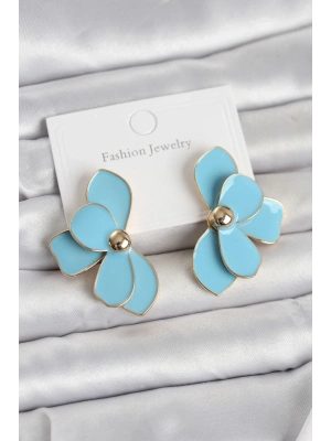 Mavi Mineli Lotus Model Pirinç Kadın Küpe