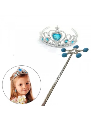 Mavi Ponponlu Elsa Asası ve Kalp Taşlı Elsa Tacı