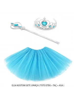 Mavi Prenses Elsa Kostüm Seti 3 Parça (Tütü Etek + Taç + Asa )