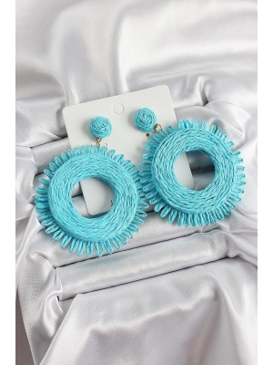 ® Mavi Püsküllü Halka Figürlü Hasır Örgü Model Gold Renk Kadın Küpe