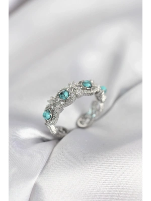 ® Mavi Taşlı Gümüş Renk Vintage Kadın Yüzük