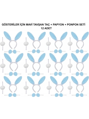Mavi Tavşan Kostüm Seti – Taç, Papyon, Ponpon (12’li Paket)