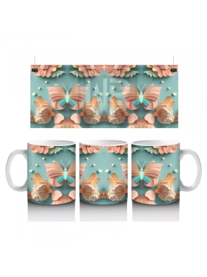 Mavi ve Pembe Pastel Kelebekler Deseni – Baskılı Kahve Kupası