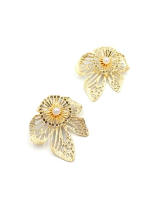 Metal Çiçek Küpe - Altın
