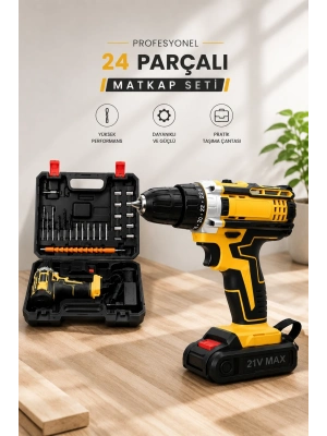Metal Dişli 24W Akülü Matkap -Çift Bataryalı ve LED Çalışma Işığı ile Tam Set