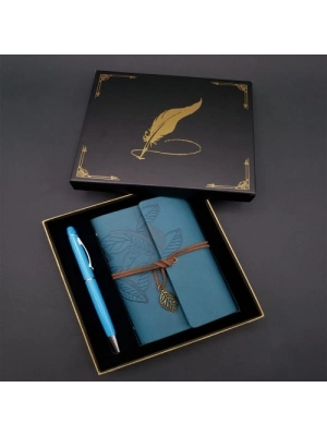 Metal Kalem ve Mavi Deri Defter