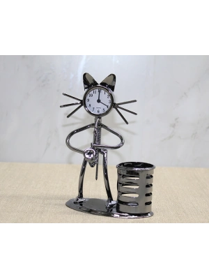 Metal Saksafon Çalan Müzisyen Kedi Saat Ve Kalemlik