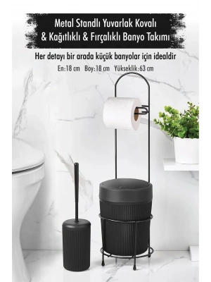 Metal Standlı Yuvarlak Kovalı & Kağıtlıklı & Fırçalıklı Siyah Banyo Takımı