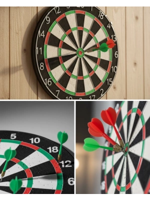 ® Kaliteli Ahşap Dart Tahtası 12 İnç 4 Adet Metal İğne Uçlu Ok