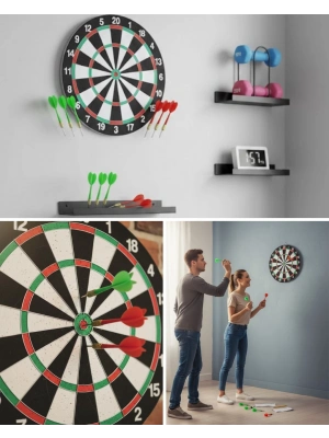 ® Şık Tasarımlı 15 İnç Dart Tahtası Metal Uçlu 4 Ok Seti