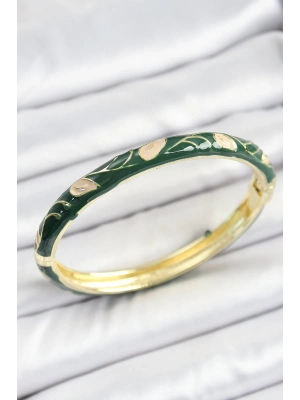 ® Mineli Pirinç Gold Renk Yeşil Çiçek Motifli Kadın Kelepçe