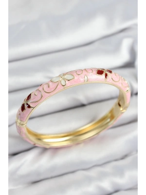 ® Mineli Pirinç Pembe Çiçek Motifli Gold Kadın Kelepçe