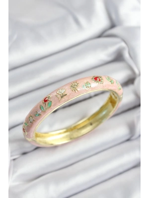 ® Mineli Pirinç Pembe Çiçek Motifli Gold Renk Kadın Kelepçe