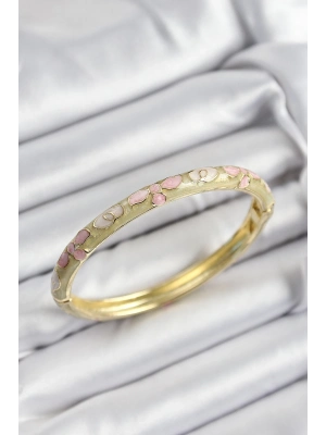 ® Mineli Pirinç Pembe Hardal Ve Krem Çiçek Motifli Gold Renk Kadın Kelepçe