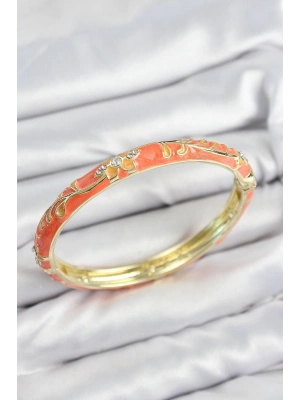 ® Mineli Pirinç Zirkon Taşlı Turuncu Çiçek Motifli Gold Kadın Kelepçe