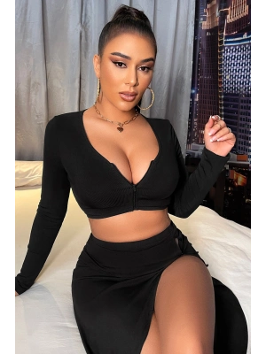 Kadın Siyah Uzun Kol Göğüs ve Göbek Dekolteli Fermuarlı Crop Top Bluz