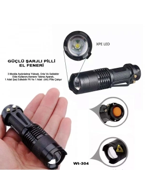 Mini Güçlü Şarjlı Pilli El Feneri Wt-304