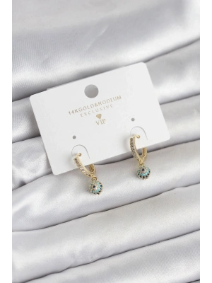 ® Minimal Nazarlı Model Gold Renk Zirkon Taşlı Kadın Küpe