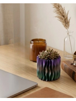 Modern Dalgalı Yüzey Tasarımlı Mor 3D Dekoratif Saksı Vazo