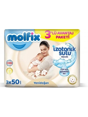 Molfix Yenidoğan İzotonik Sulu Doğal Pamuk Islak Havlu Mendil 3Lü 150 Yaprak