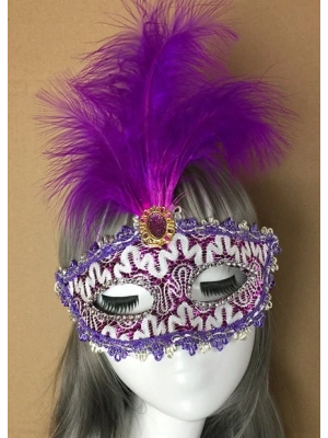 Mor Dantel İşlemeli Mor Tüylü Balo Parti Maskesi 17x20 Cm