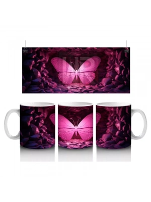 Mor Işıklarla Aydınlatılmış Pembe Kelebek – Baskılı Kahve Kupası