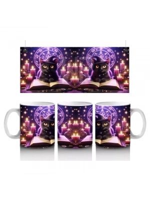 Mor Işıklı Büyü Sahnesinde Kitap Okuyan Cadı Figürlü Cadılar Bayramı Baskılı Kupa Bardak