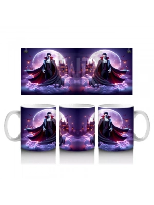 Mor Işıklı Sahne Üzerinde Kırmızı Pelerinli Vampir Figürlü Cadılar Bayramı Baskılı Kupa Bardak