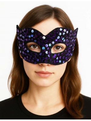 Mor Renk Arkadan Lastikli Pul Payet İşlemeli Balo After Parti Maskesi