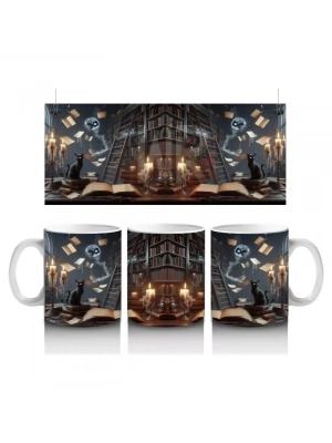 Mum Işığında Gotik Kitaplık ve Büyü Masası Temalı Cadılar Bayramı Baskılı Kupa Bardak