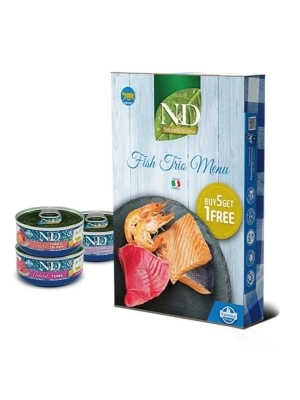 N&D Fish Trio Menu Karides ve Somon Balıklı Yetişkin Kedi Konservesi 1 Adet 6x70 Gr