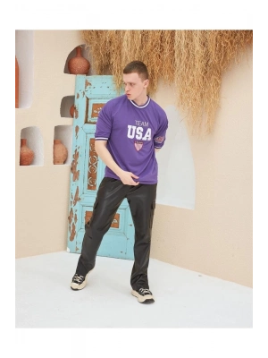 Nakış İşlemeli Ribanalı Oversize T-shirt - Mor