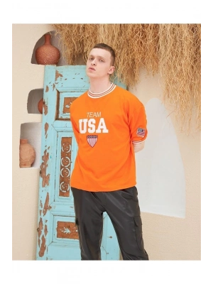 Nakış İşlemeli Ribanalı Oversize T-shirt - Turuncu