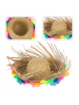Naturel Renk Püsküllü Örme Hasır Hawaii Luau Aloha Şapka 13x36 Cm