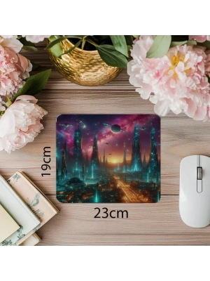 Nebula Arka Planlı Fütüristik Şehir Mouse Pad - 19x23 cm 2 mm Dikdörtgen İthal Baskılı Mouse Pad
