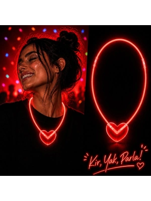 Neon Işıklı Fosforlu Kalp Parti Kolyesi Kırmızı Renk
