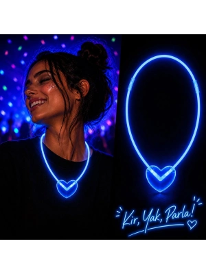 Neon Işıklı Fosforlu Kalp Parti Kolyesi Mavi Renk