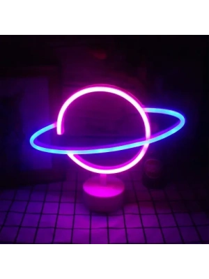 Neon Işıklı Satürn Lamba (Pil + USB)