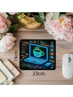 Neon Kahve Simgeli Karanlık Mousepad - 19x23 cm 2 mm Dikdörtgen İthal Baskılı Mouse Pad
