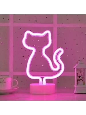 Neon Kedi Masa Gece Lambası Pembe Işık