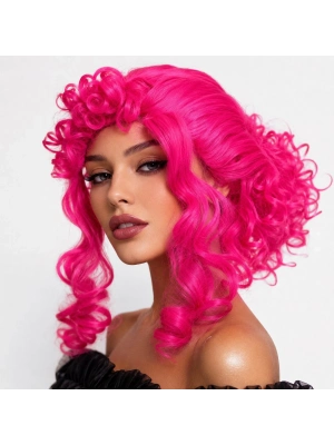 Neon Pembe Bukleli Kıvırcık Cosplay Peruğu - İçi Astarlı