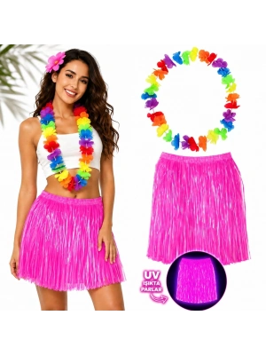 Neon Pembe Hawaii Etek 40 cm ve Rengarenk Hawaii Kolye
