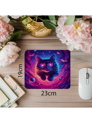 Neon Renkli Kozmik Kedi Mouse Pad - 19x23 cm 2 mm Dikdörtgen İthal Baskılı Mouse Pad