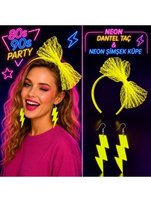 Neon Sarı Dantel Taç Ve Şimşek Küpe 80'ler 90'lar Parti Seti